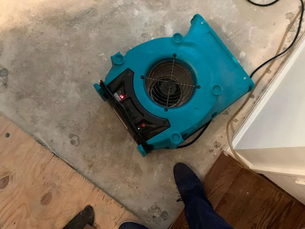Air mover drying subfloor during Commercial Water Damage Restoration in Silver Spring